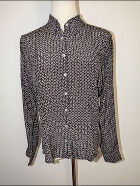 Gerard Darel Brown and White Geometric Button-Down Blouse
